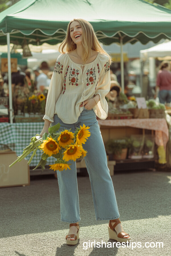 Peasant Blouse with High-Rise Wide-Leg Jeans