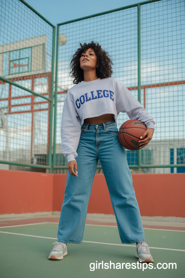 Cropped Sweatshirt with Mid-Wash Wide-Leg Jeans