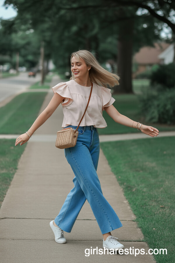 Pink Ruffle Blouse with Blue Wide-Leg Jeans