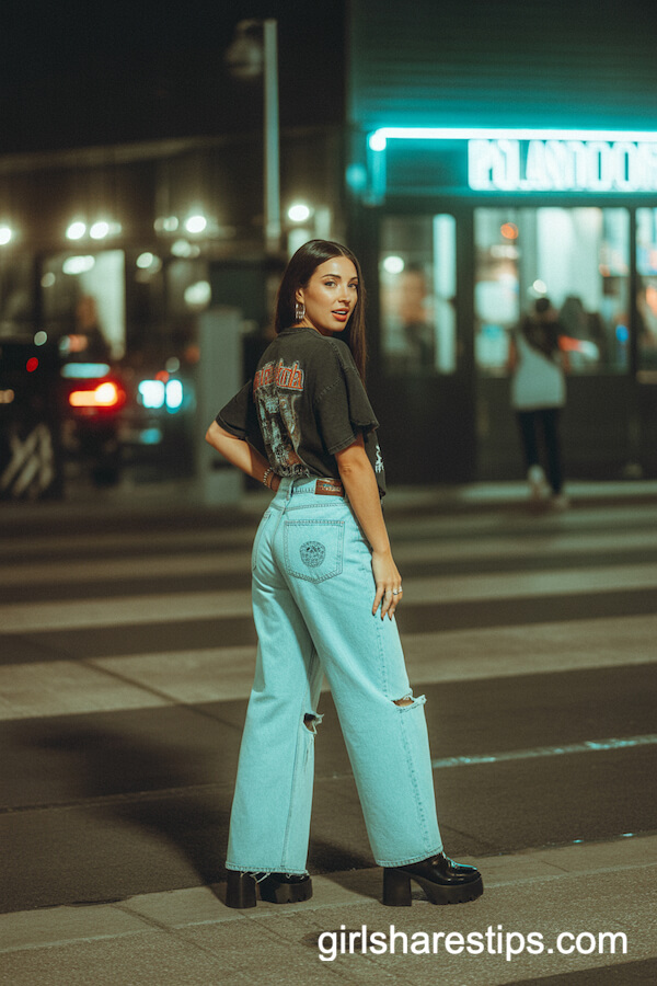 Vintage Band Tee with Ripped Wide-Leg Jeans