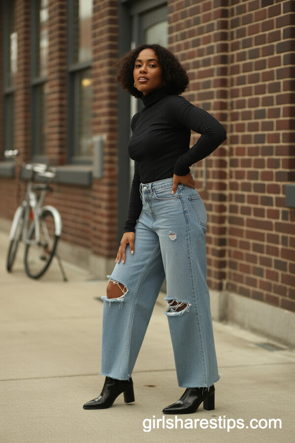 Cozy Black Turtleneck with Distressed Wide-Leg Jeans