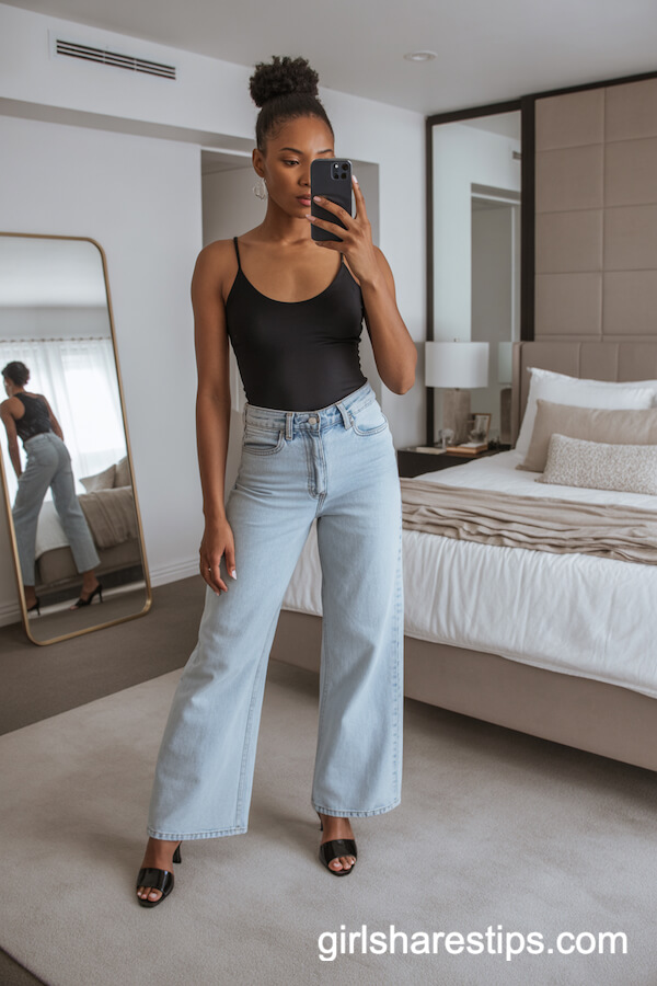 Fitted Bodysuit with Light-Wash Wide-Leg Jeans