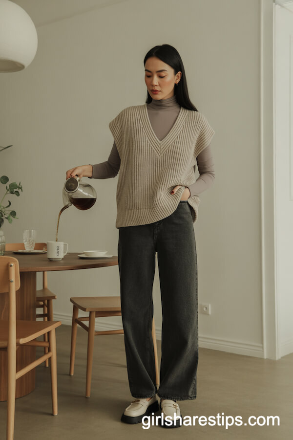 Knit Vest with Dark Wide-Leg Jeans