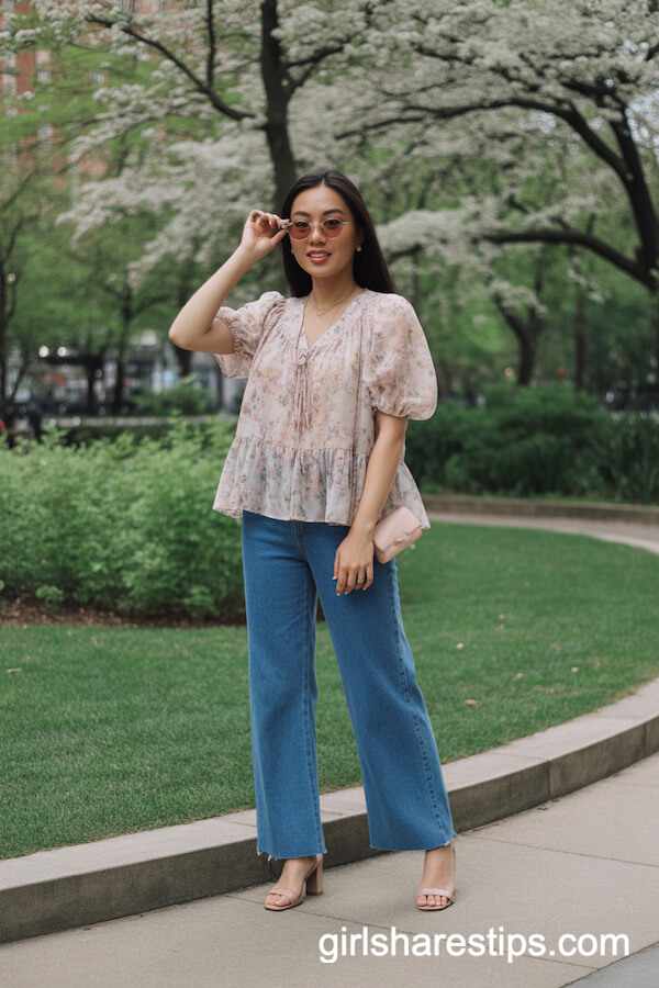 Floral Blouse with Classic Blue Wide-Leg Jeans