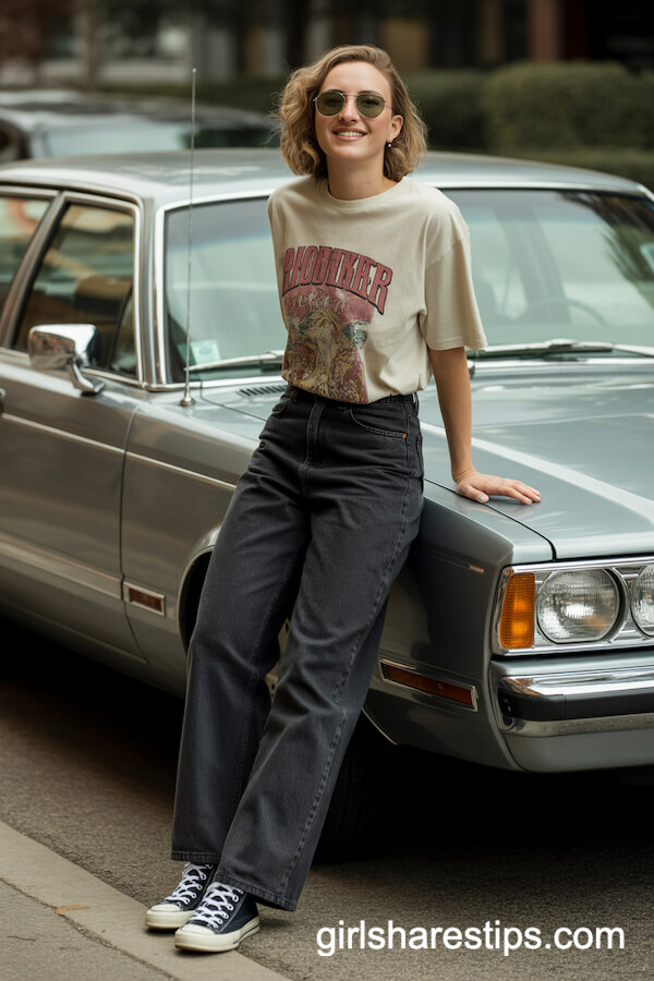 Oversized Graphic Tee with Dark Wide-Leg Jeans