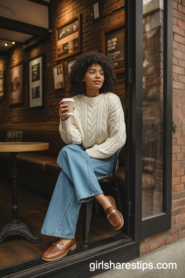 Cable-Knit Sweater with Indigo Wide-Leg Jeans