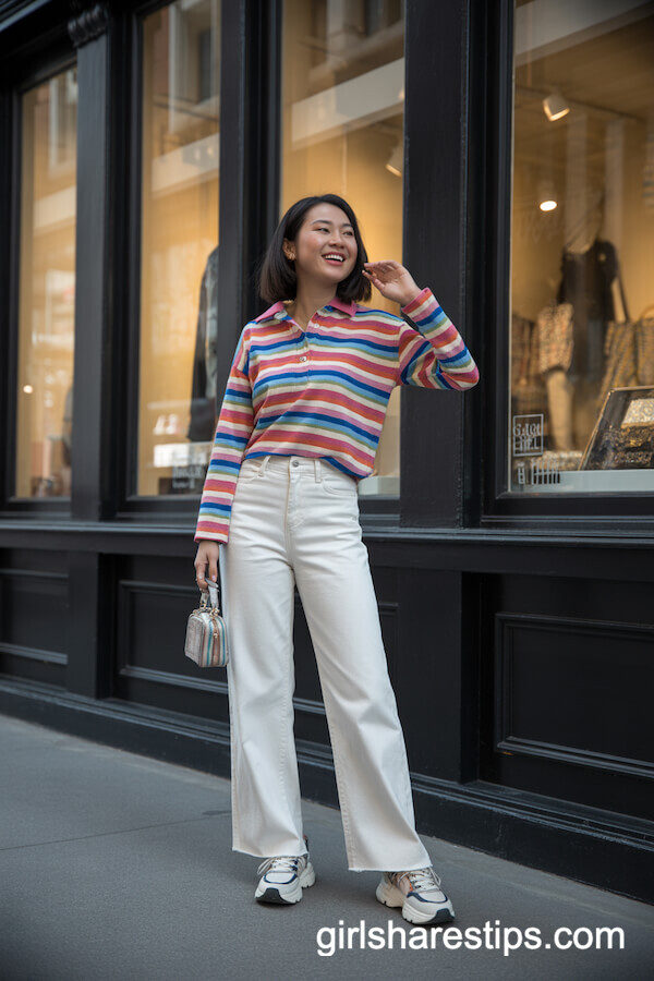 Striped Shirt with White Wide-Leg Jeans