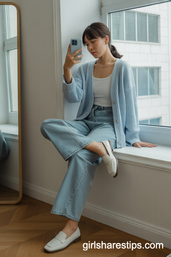 Baby-Blue Cardigan with Faded Wide-Leg Jeans