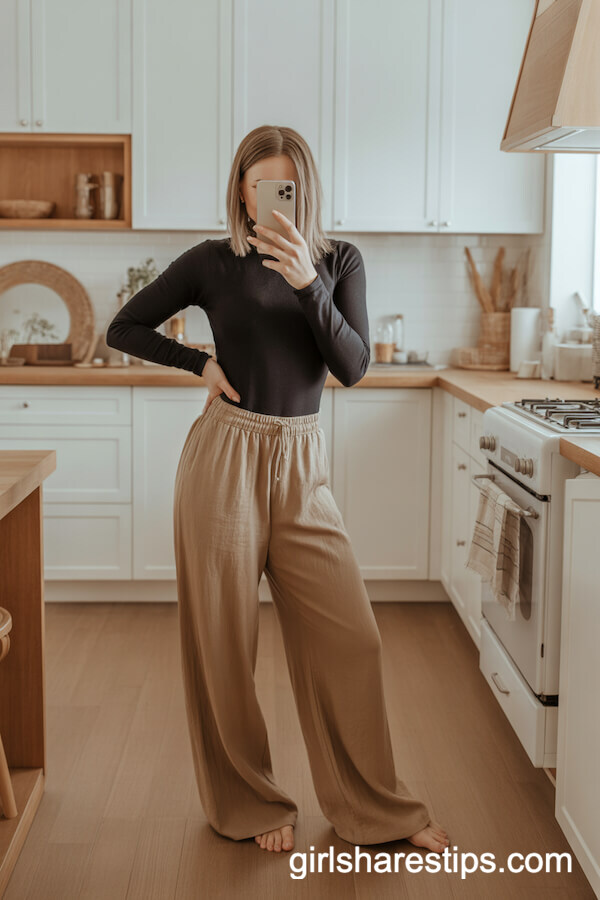 Black Bodysuit with Tan Linen Wide Leg Pants