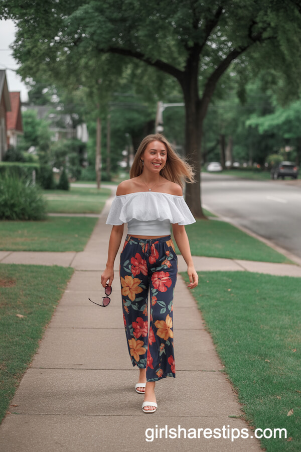 White Ruffle Top with Floral Wide Leg Pants
