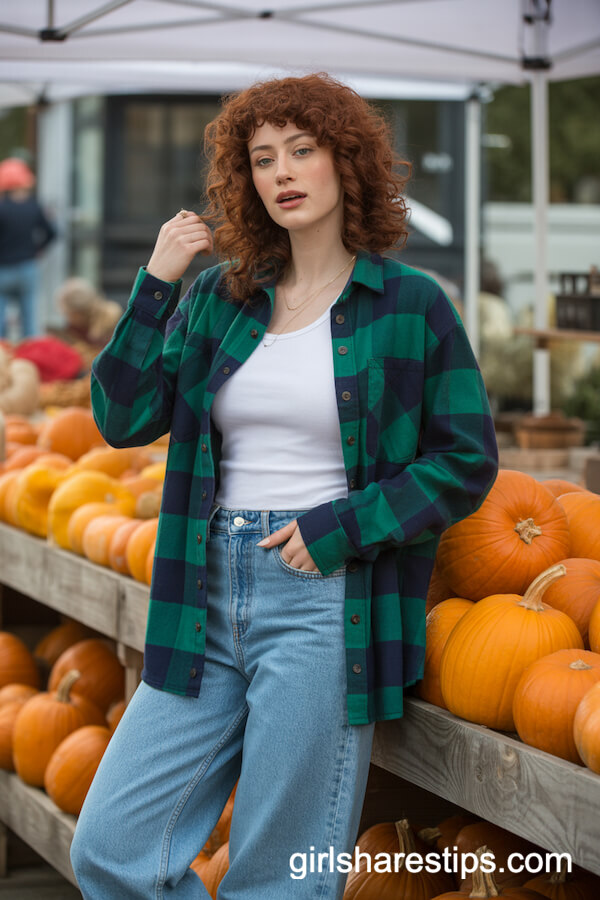 Green Flannel Shirt with Faded Blue Wide Leg Jeans