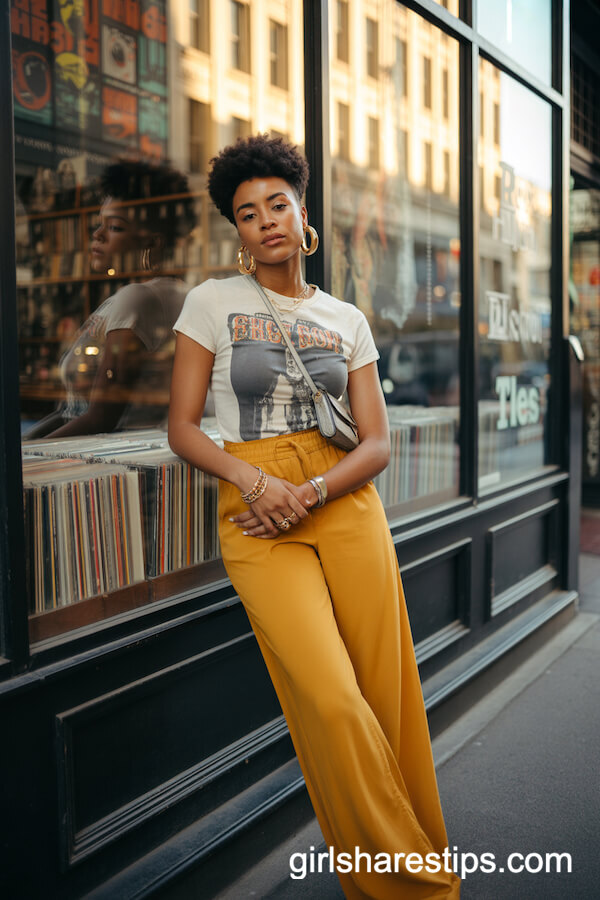 Vintage Band T-Shirt with Mustard Yellow Wide Leg Pants
