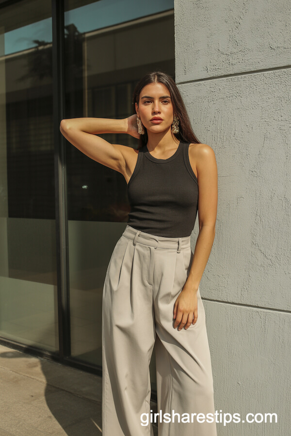 Black Ribbed Tank Top with Beige Wide Leg Trousers