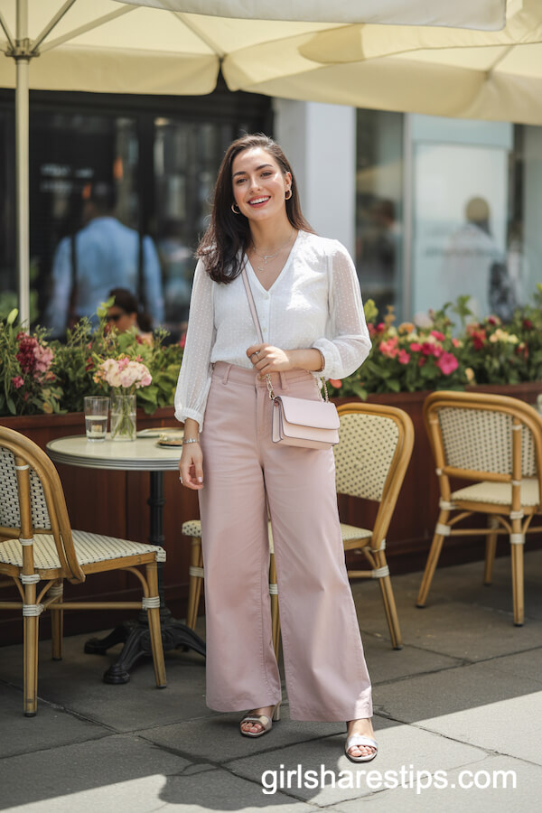 White Lace Blouse with Pink Wide Leg Pants