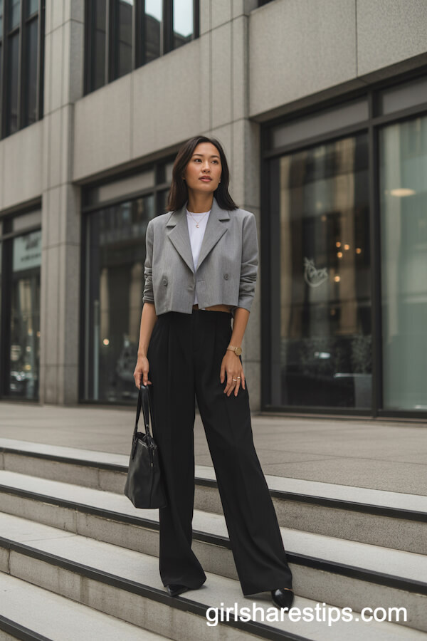 Grey Cropped Blazer with Black Wide Leg Slacks