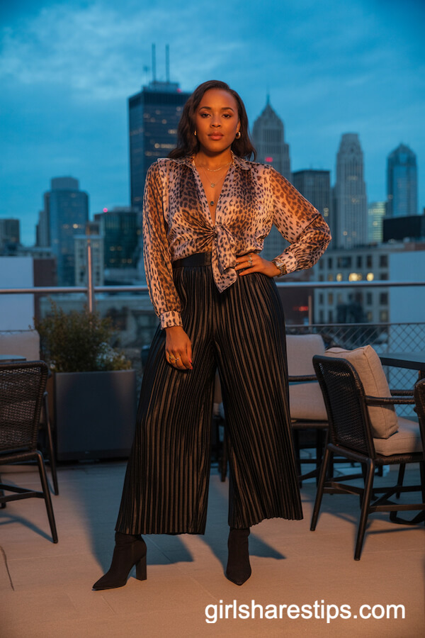 Leopard Print Blouse with Black Wide Leg Pleated Pants