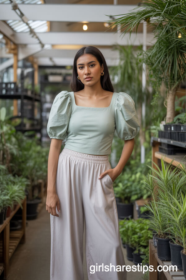 Mint Green Puff Sleeve Top with White Wide Leg Pants