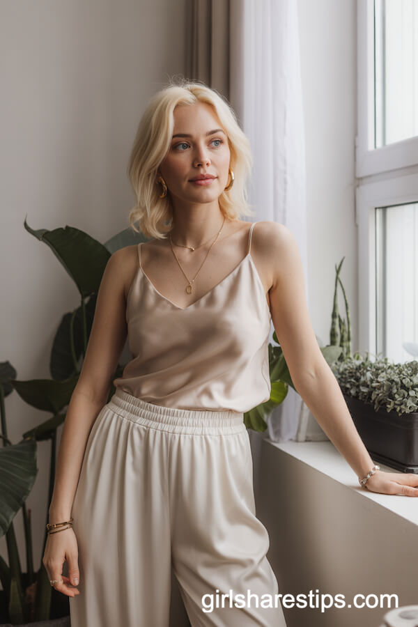 Champagne Silk Camisole with Cream Wide Leg Pants