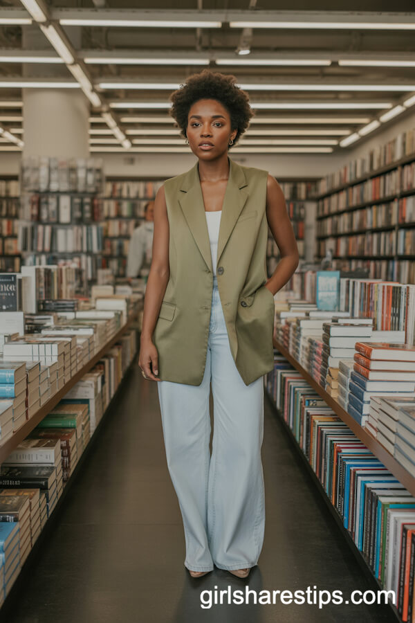 Khaki Vest with Pale Blue Wide Leg Jeans