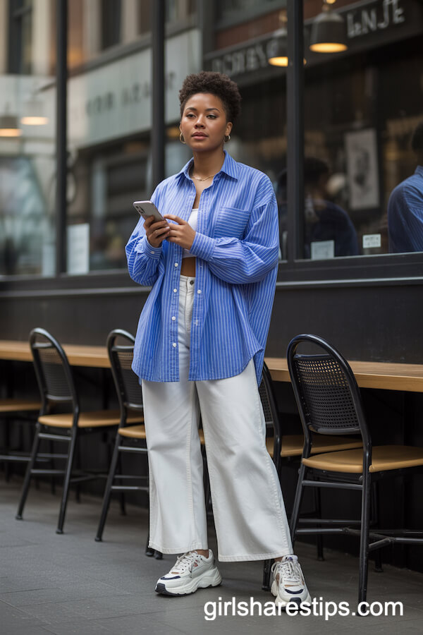 Blue Striped Button-Down Shirt with White Wide Leg Pants