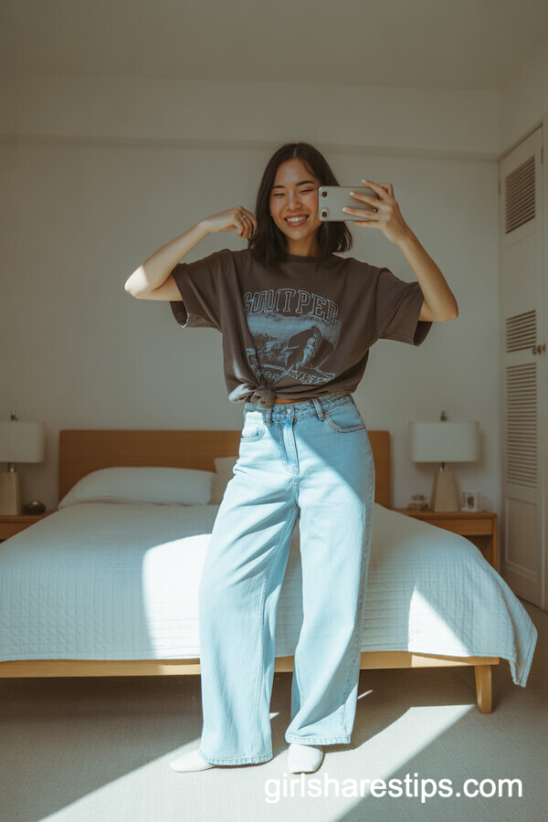 Graphic Tee with Light Wash Wide Leg Denim