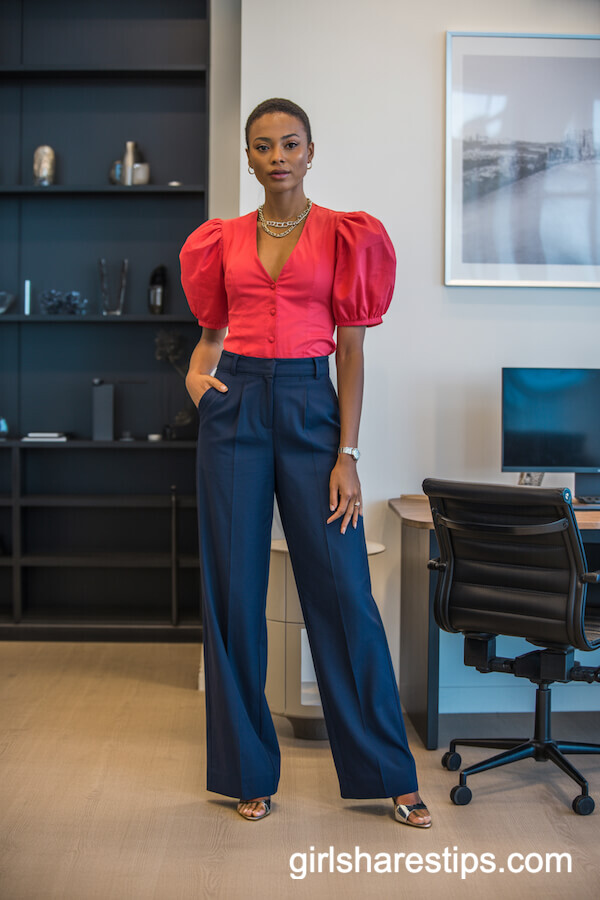 Red Puff-Sleeve Blouse with Navy Wide Leg Trousers