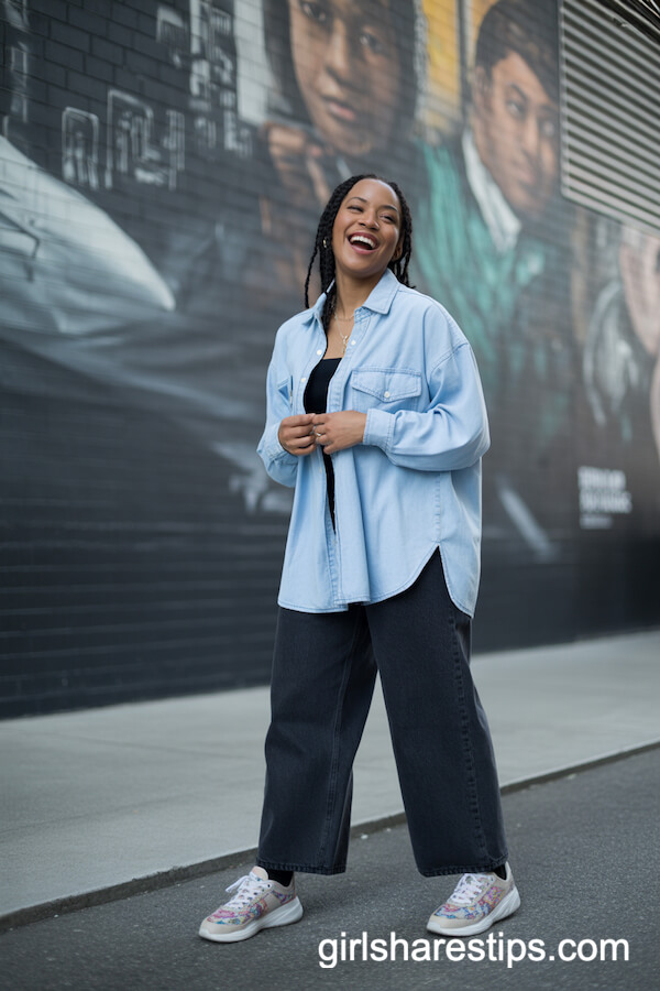 Light Blue Denim Shirt with Dark Wide Leg Jeans