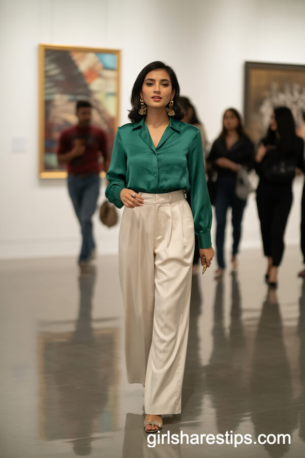 Emerald Silk Blouse with Cream Wide Leg Trousers