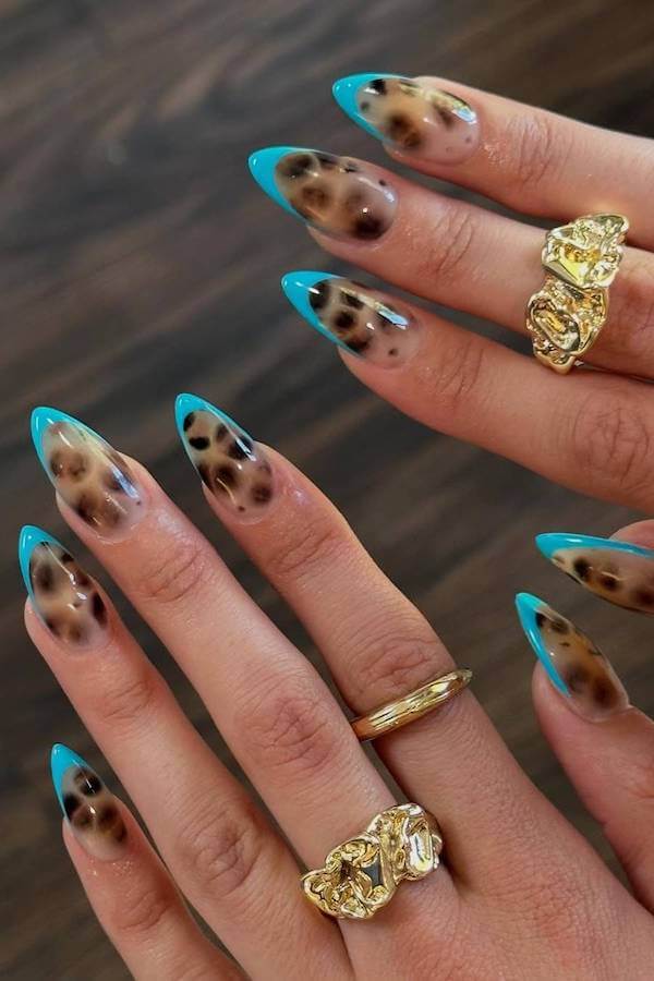 Tortoise Shell French Tips with Bright Blue Edges