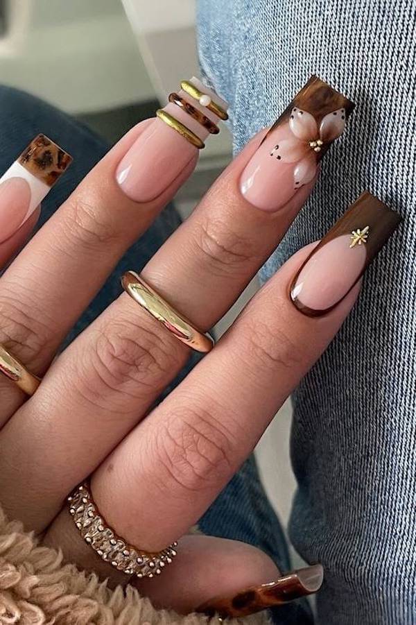 Tortoise Shell French Tips with Floral Accents