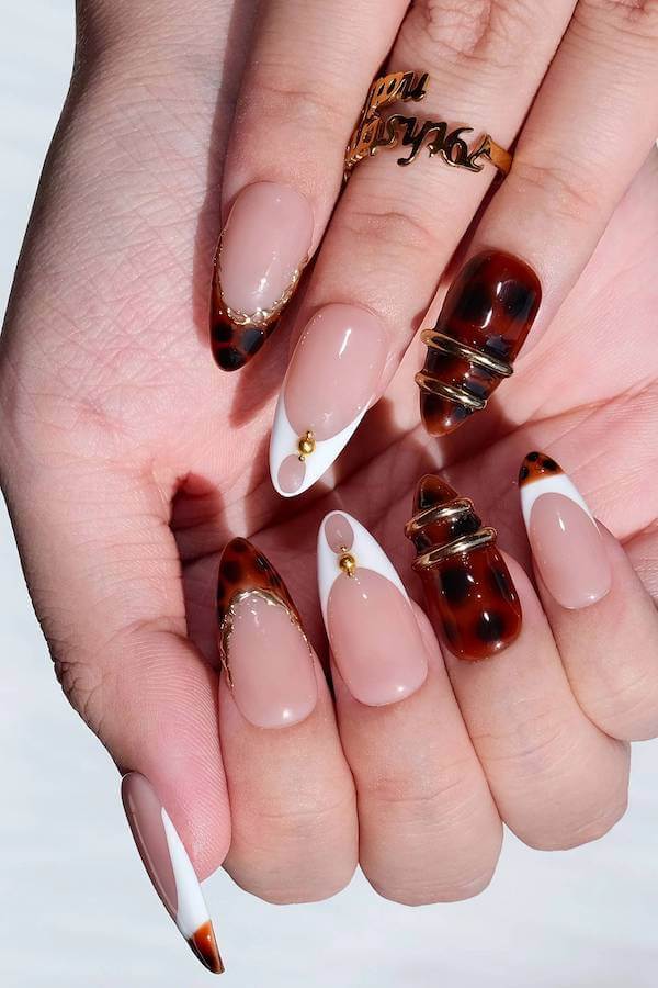 Tortoise Shell and White French Tips with Gold Studs