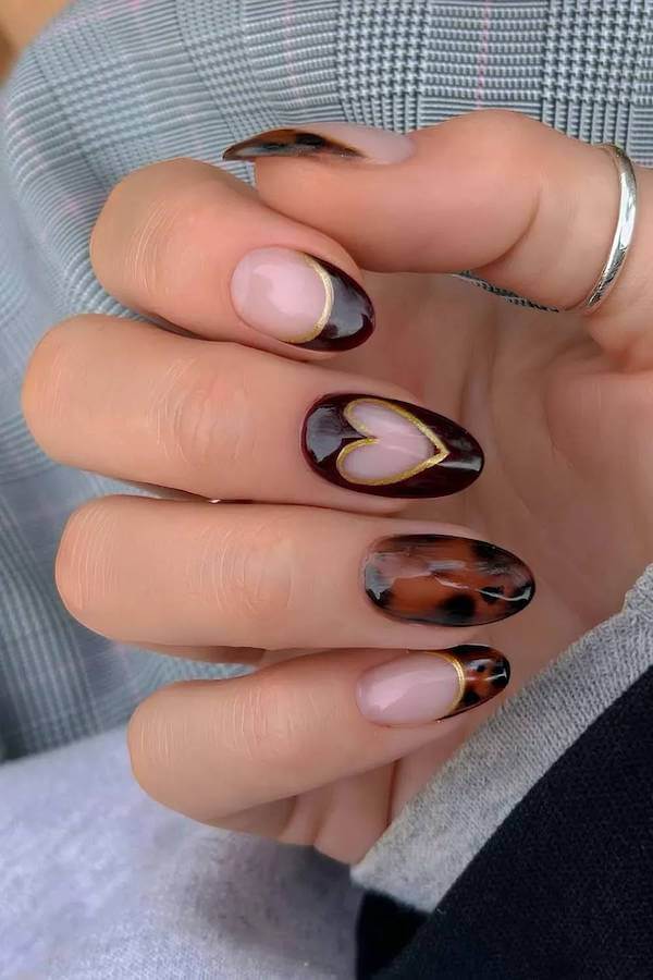 Tortoise Shell French Tips with Gold Heart Accent