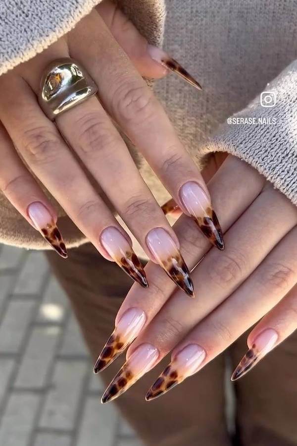 Long Stiletto Tortoise Shell French Tip Nails