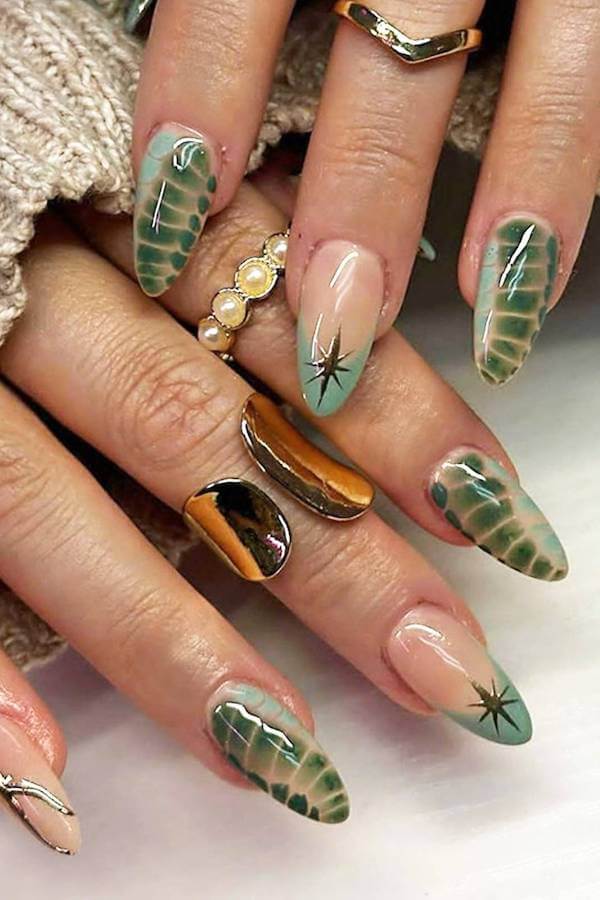 Green Tortoise Shell Nails with Star and Marble Accents