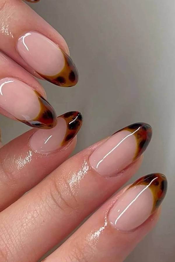 Short Almond Tortoise Shell French Tip Nails
