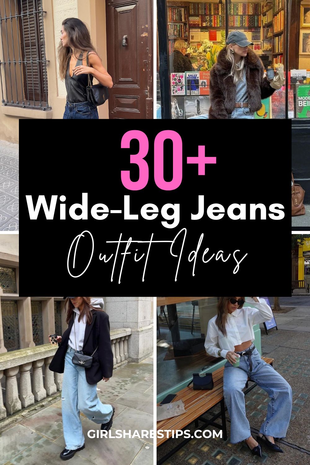 trendy wide leg jeans outfit ideas collage