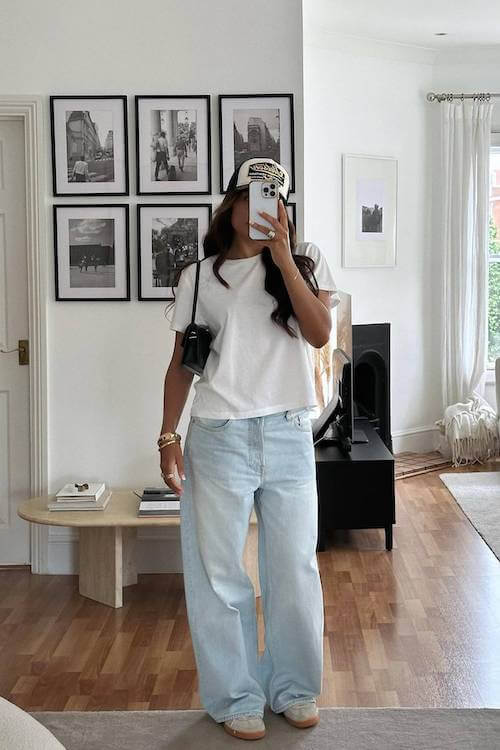 trendy wide leg jeans outfit