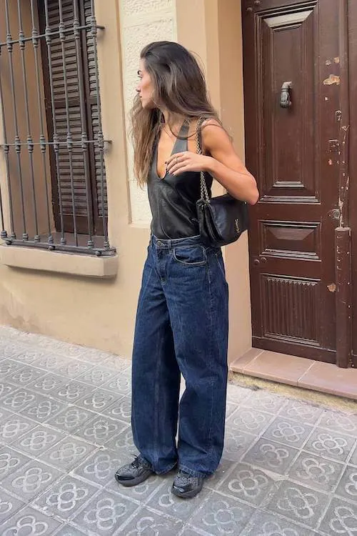 trendy wide leg jeans outfit