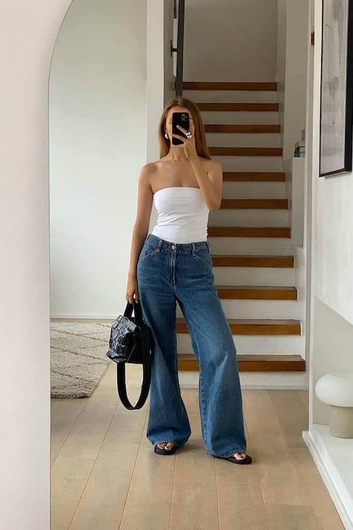 trendy wide leg jeans outfit