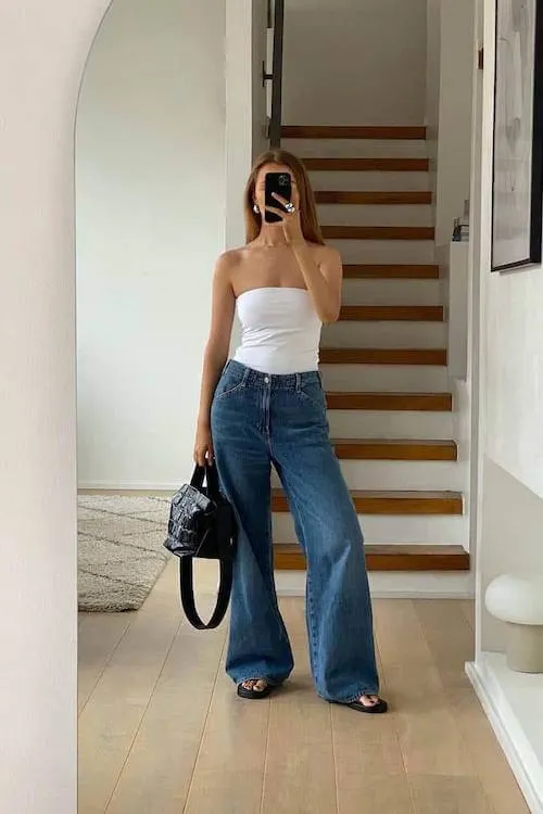 trendy wide leg jeans outfit