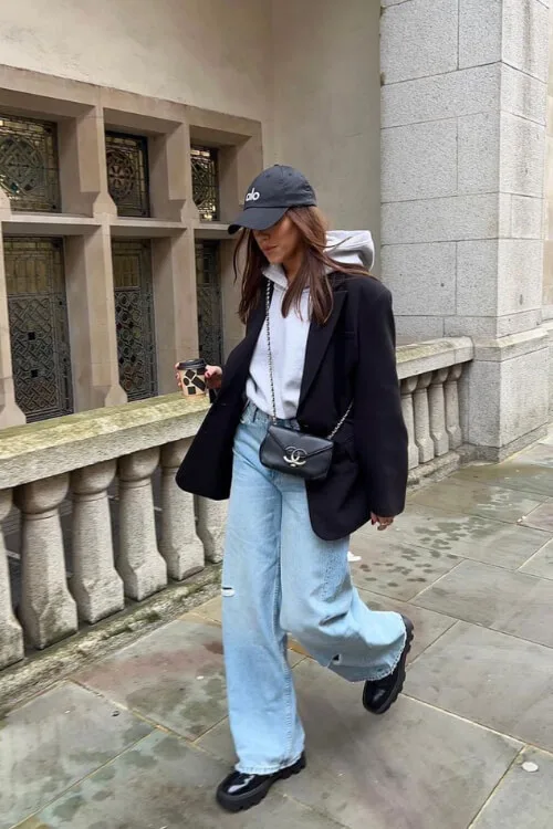 trendy wide leg jeans outfit