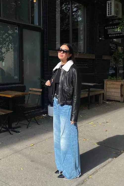 trendy wide leg jeans outfit