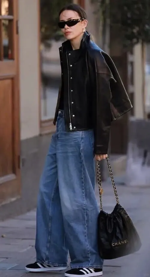 trendy wide leg jeans outfit
