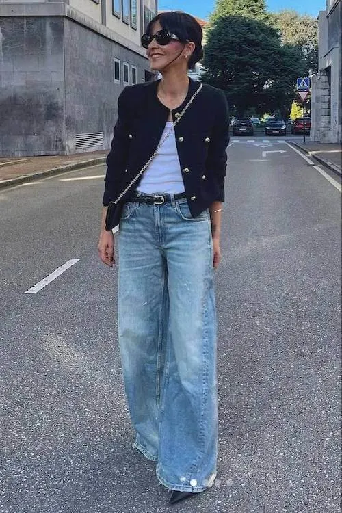 trendy wide leg jeans outfit