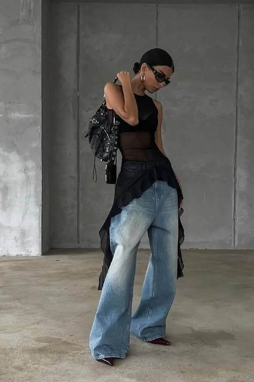trendy wide leg jeans outfit