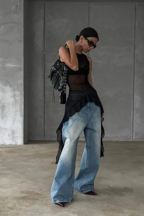 trendy wide leg jeans outfit