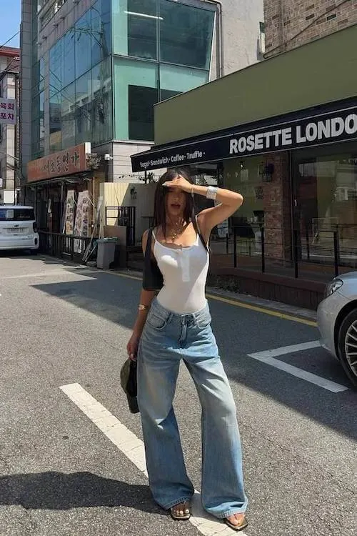 trendy wide leg jeans outfit