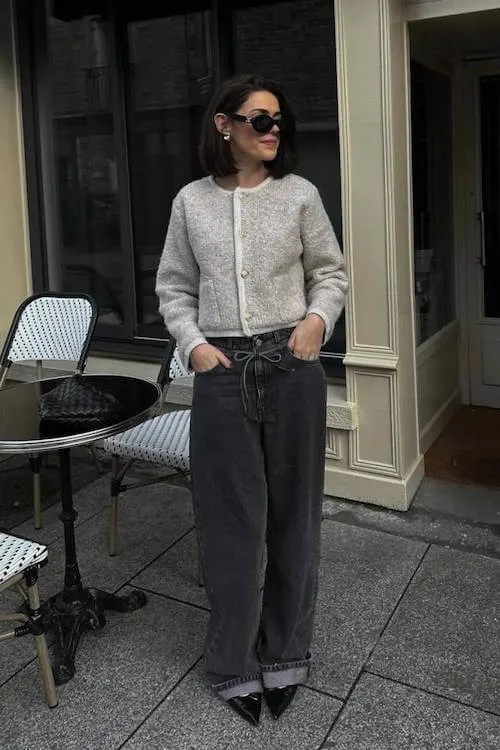 trendy wide leg jeans outfit