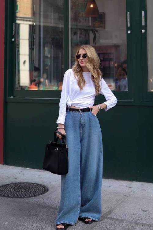 trendy wide leg jeans outfit