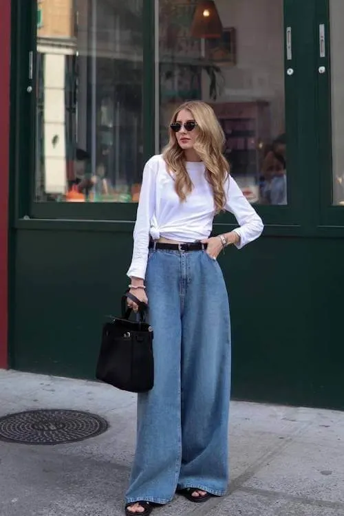 trendy wide leg jeans outfit